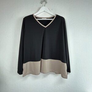 Sue Brett Women's Long Sleeve Oversized Top Colorblock V-Neck Black Size Large